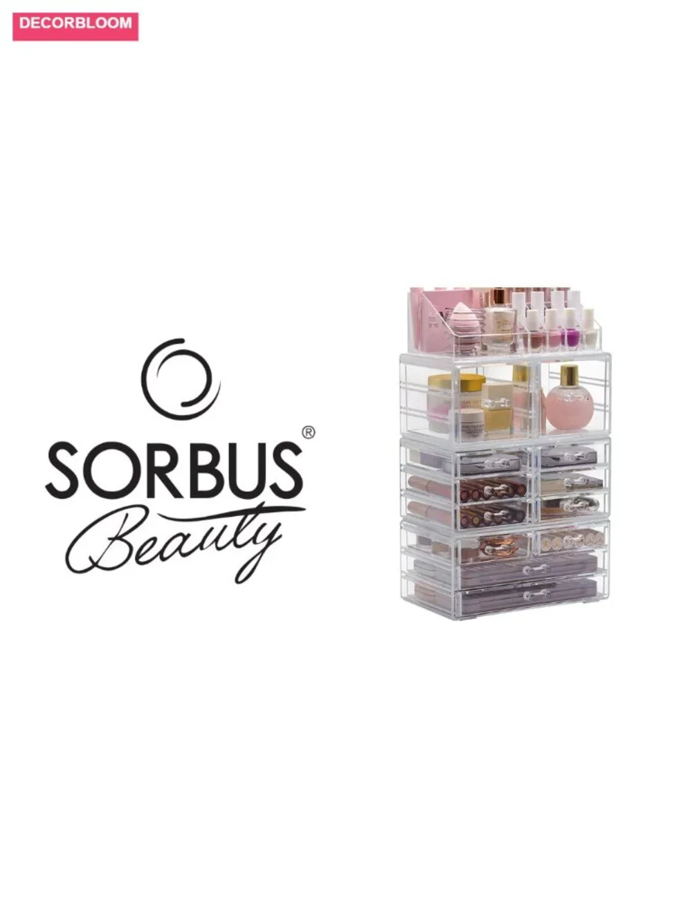 Clear 12-Drawer Stackable Makeup Organizer with Lipstick Holder